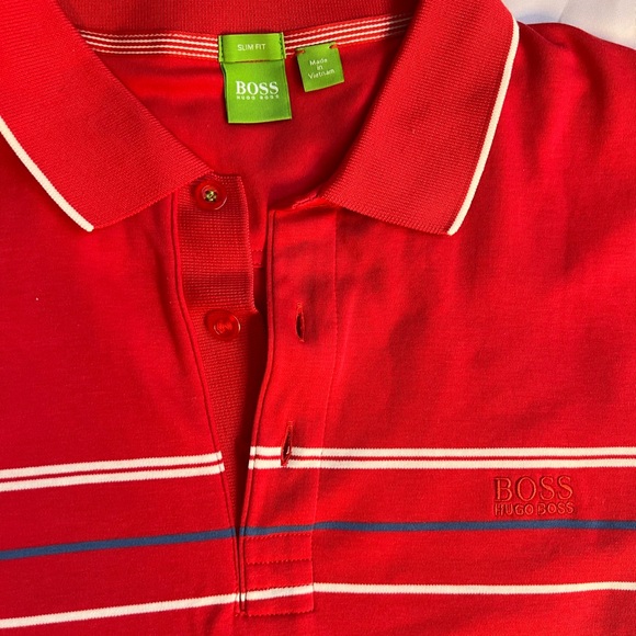 Boss Red Polo Shirt with Blue and White Stripes - Picture 3 of 5